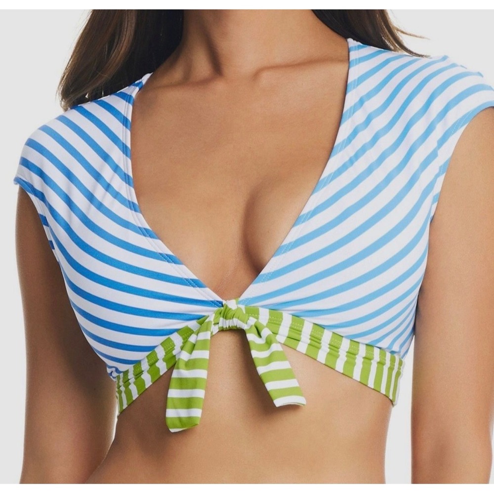 Bleu Rod Beattie Striped Tie Front Swim Top Blue Green‎ Coastal NWT 8